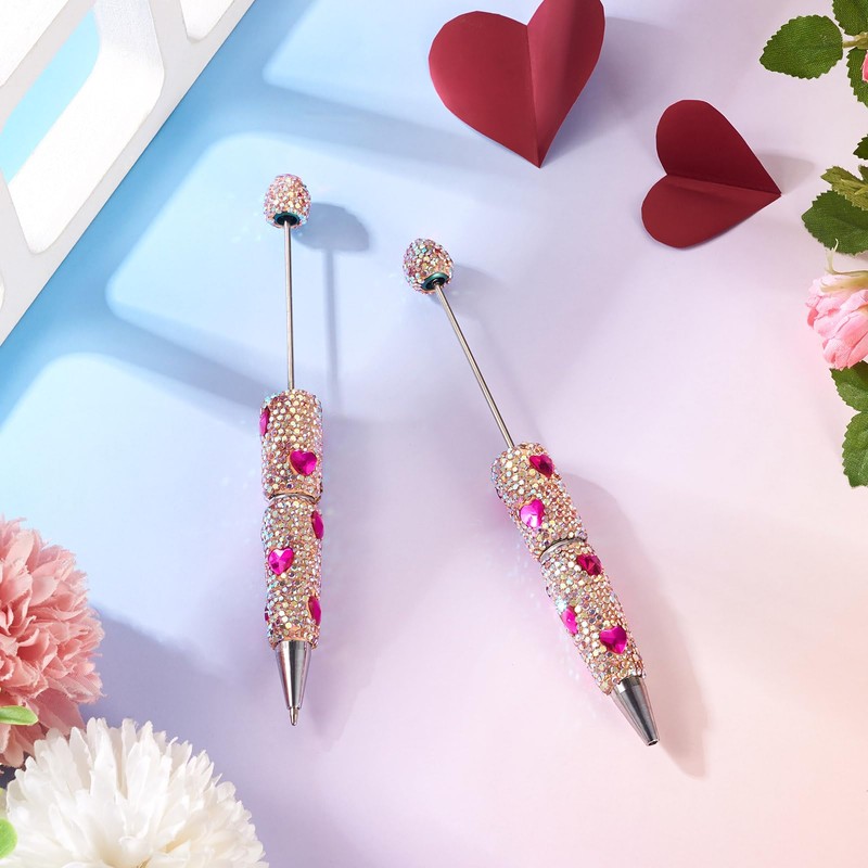Beadthoven 2pcs Full Diamond Beadable Pens, Glitter Rhinestone Beaded Pens