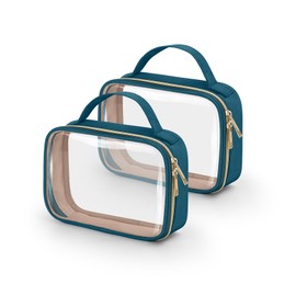 HELZOI TSA Approved Toiletry Bag, 2 Pack Clear Makeup Bags with Handles, Quart Size Clear Toiletry Bags, PVC Clear Cosmetic Bags for Women and Men, Carry on Airport Airline Compliant Bag, Til Blue