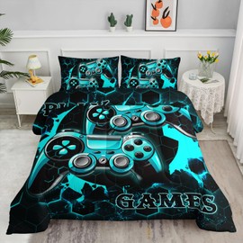 Axolotl 3Pcs Gaming Comforter Set for Boys,Gamepad Bedding Sets Full Size Video Games Console Comforter Set Neon Geometric Quilt Set for Men Women Modern Honeycomb Comforter Set with 2 Pillowcases