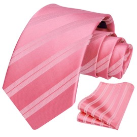 HISDERN Men's Tie Formal Stripes Tie with Pocket Square Set Wedding Ties and Handkerchief, pink