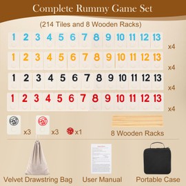Christmas Games Gifts, 2-8 Players Rummy Board Game Set, 214 Melamine Tiles, 8 Wooden Racks, Drawstring Bag, Premium Portable Case, Tile Board Games for Adults, for Men Women Dad Mom