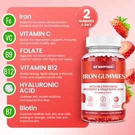 Iron Gummies for Women & Kids - Iron Supplement Gummies with Multivitamin for Blood Builder, Energy, Iron Deficiency & Anemia - Sugar Free Vegan Iron Gummies Strawberry 60 ct (2 Pack)