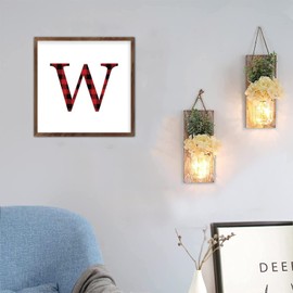 Custom Christmas Initial Letter W Red Black Buffalo Plaid Framed Wall Art Floral Alphabet Wood Sign Rustic Wood Hanging Signs Welcome Hanging Wall Window Outside Decor Sign 12"x12"