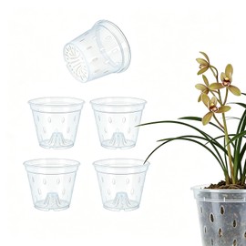Gyfofix 5 Pack 5.5 Inch Clear Plastic Orchid Pots with Drainage Holes, Transparent Breathable Planters for Root Observation, Indoor Outdoor Orchid Cultivation