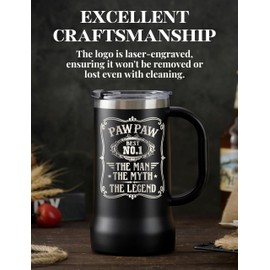 Onebttl Pawpaw Gifts Stainless Steel Beer Stein Tumbler, Paw Paw 24oz Beer Mug with Lid for Father's Day, Christmas - Man Myth Legend