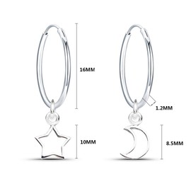 925 Sterling Silver Earrings Dangle Drop Moon and Star Hoop Earrings Diameter 16mm Sleeper Hoops Earrings for Women Girls