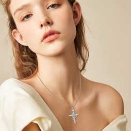 Rocayi Cross Necklace for Women 925 Sterling Silver Butterfly Necklace Aquamarine March Birthstone Pendent Rose Flower Religion Jewelry Gifts for Women Wife Girlfriend Mother Daughter Her