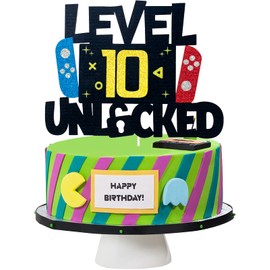 Decoración para tarta de cumpleaños para niños de nivel 10, desbloqueado, nivel 10, desbloqueado, impresionante 2011, decoración para tarta de cumpleaños de videojuegos, 10 cumpleaños