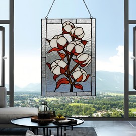 YOURANJU Stained Glass Window Hanging Crafts Tiffany Style White Plum Blossom Rectangular Glass Window Panel 16"X11" Window Suncatcher Perfect Window Hangings Housewarming Gift (With Chain Hook)