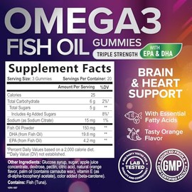 Nature's Nutrition Omega 3 - Gomitas de aceite de pescado sabor natural a naranja extra fuerte DHA y EPA – Soporte natural para el cerebro y apoyo para las articulaciones, deliciosa vitamina de goma para hombres y mujeres – 60 gomitas