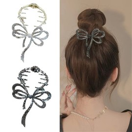 Hanforede 2 PCS Bow Hair Clip Luxury Ponytail Hair Clip Bow Hairpin Rhinestone Pearl Hair Pins Butterfly Hair Accessories for Women Girls
