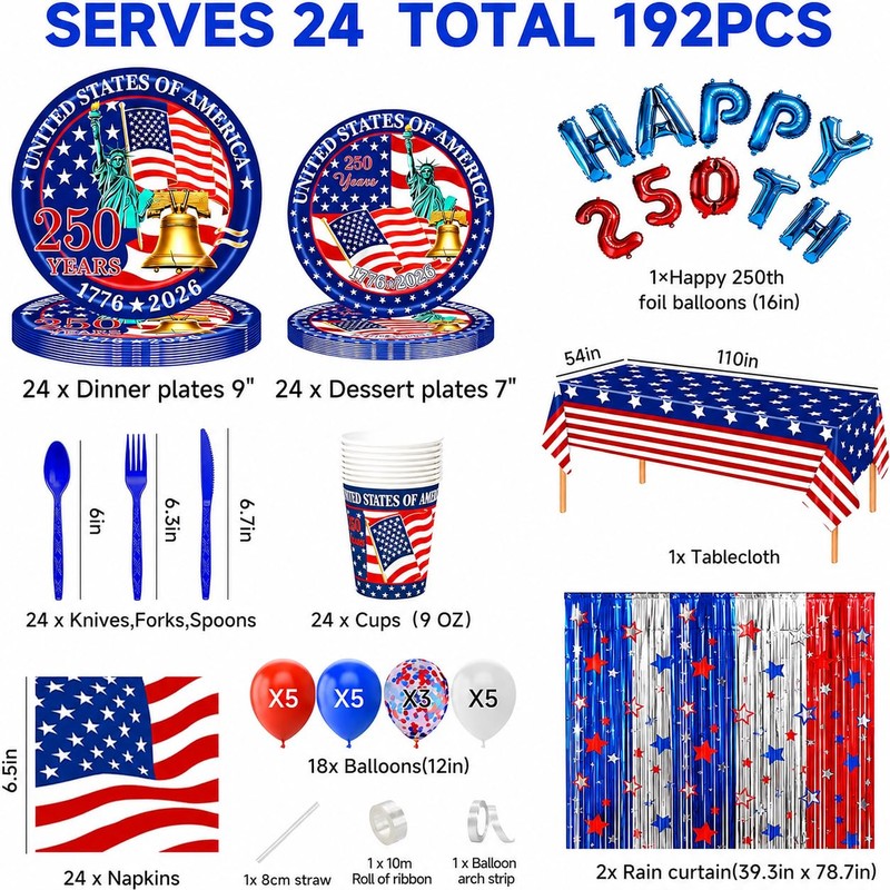 192PCS America 250 4th of July Decorations Tableware for 24