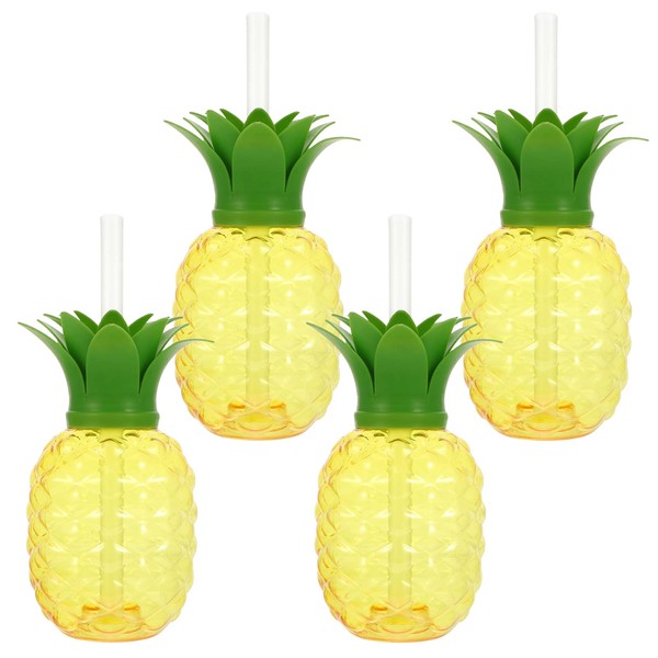 Zerodeko 4 Sets Plastic Drinking Cups with Straw Lid Pineapple