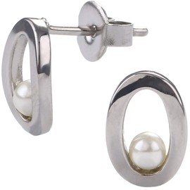 EYS JEWELRY Women's Stud Earrings Oval Stainless Steel Glass Pearl White 11 x 8 mm Women's Earrings in Jewellery Case, Sterling Silver, Glass