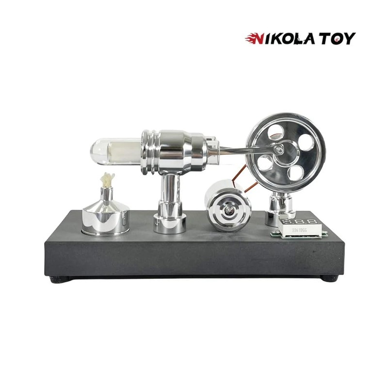 NIKOLATOY Mirror Polished Stirling Engine with Voltmeter & USB Plug