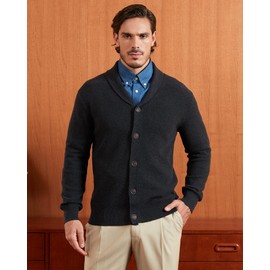 Kallspin Men's Pure Cotton Cardigan Sweater Button Down Shawl Collar Cardigan Casual Knitwear (Charcoal M)