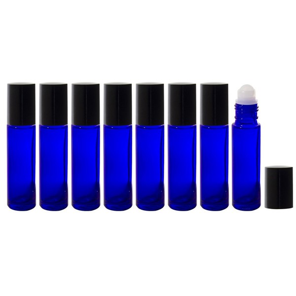 Aromatherapy Cobalt Blue Glass Bottle with Roll On Applicator and Black Cap (10 ml ea.) 8 Pack
