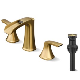 Fapully Brushed Gold Bathroom Faucet 3 Hole, Waterfall 8 Inch Widespread Bathroom Sink Faucet with Pop-up Drain, Two-Handle Faucet for Bathroom Sink