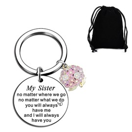 LEEQBCR 1 x Flower Sisters Round Keychain, Inspirational Gift for Girlfriend, Mum and Sister, with black velvet pouch