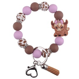 Jesemiah Beaded Wristlet Keychain for Women Cute Wrist Key Chain Leopard Silicone Key Ring Elastic Bowknot Cow Bracelet Wristlet (Purple)