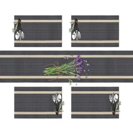 CK Home Herringbone Stripe Runner & 4 Placemats Set, Woven Vinyl Table Mats for Indoor/Outdoor Use, Reversible-2 Looks in 1, Slate/Sand.