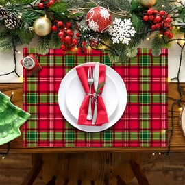 Ohok Christmas Placemats Pack of 4 12x18 Inch Christmas Decor Table Mat for Party Dining Decoration (Christmas Red Green Plaid)