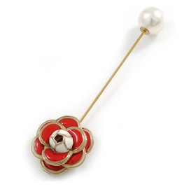Vintage Inspired Red/White Enamel Rose Flower with Pearl Bead Lapel, Hat, Suit, Tuxedo, Collar, Scarf, Coat Stick Brooch Pin In Gold Tone Metal - 85mm