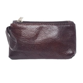 BAWAKO Genuine Leather Coin Purse with Two Zip Compartments for Change Coin Card, Brown 1, Classic