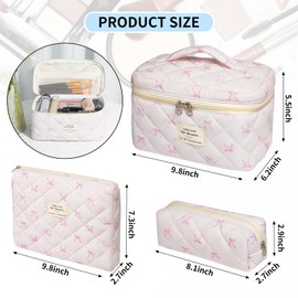 senbowe Floral Makeup Bag, 3 Pack Large Cotton Quilted Makeup Bag Set, Cute Floral Coquette Aesthetic Toiletry Bag Make Up Cosmetic Bag for Women, Toiletry Travel Make Up Organizer Bag, Light Pink Bow