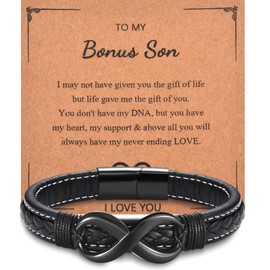 Bonus Son Gifts Bracelet - Stainless Steel Infinite Leather Bracelets Gifts for Bonus Son, Bonus Son Gifts from Stepmom Birthday Christmas Graduation Gift, Bonus Step Son Gifts