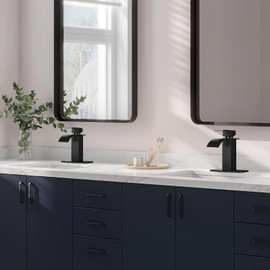 KZH Waterfall Bathroom Faucet, Black Modern Single Handle Bathroom Faucets for 1 or 3 Hole Bathroom Sink Faucet Mixer Tap Washbasin Faucet with 6 Inch Deck Plate & Hose & Pop-up Drain(2-Pack)