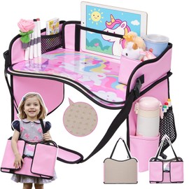 OUOZZZ Kids Travel Tray for Car - Girl's Safety Seat Table, Toddler Road Trip Essentials - Carseat/Airplane Lap Desk with Weight-Relief Strap, Non-Skid Silicone Base, Waterproof Dining/Craft Mat