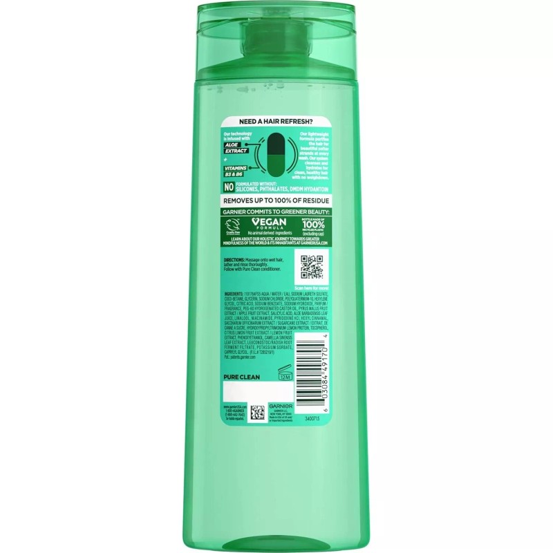 Garnier Fructis Pure Clean Purifying Shampoo, Silicone-Free, 12.5 Fl Oz