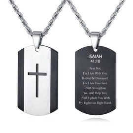 REVEMCN Black Silver Stainless Steel Dog Tag Cross Necklace for Men Boys Featuring Lord's Prayer Bible Verse Cross Pendant with 20-24 Inch Rope Chain, Inspirational Jewelry Gift for Boys and Men (ISAIAH 41:10 - Black, 20 inches + 5 inches)
