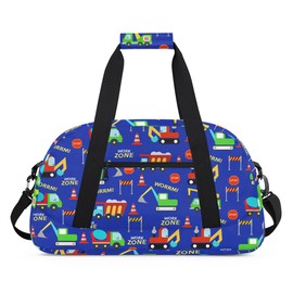 Kids Overnighter Duffel Bag Boys - Sport Gym Bag Travel Duffle Luggage Bag Water Resistant lightweight Carry On Weekender Tote for Practice Workout School Sleepover (Blue Construction Trucks)