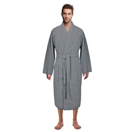 Turkish Linen Waffle Knit Lightweight Kimono Spa & Bath Robes for Men - Quick Dry - Soft (Large, Light Gray)