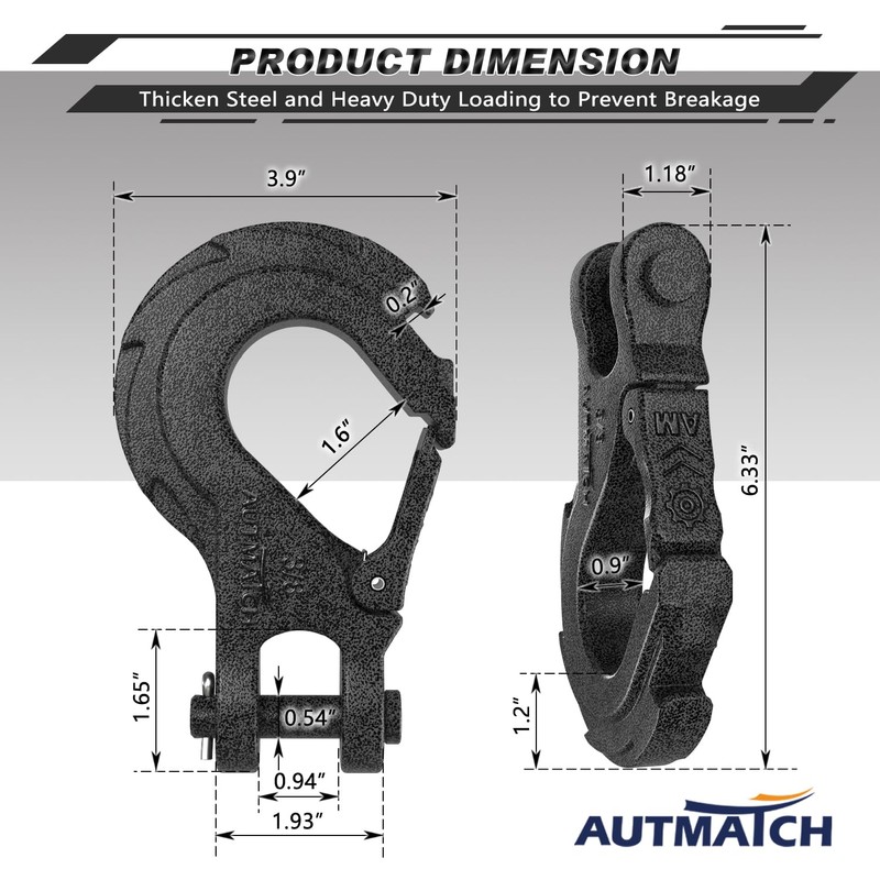 AUTMATCH Winch Hook 3/8" - Clevis Slip Hook with Safety