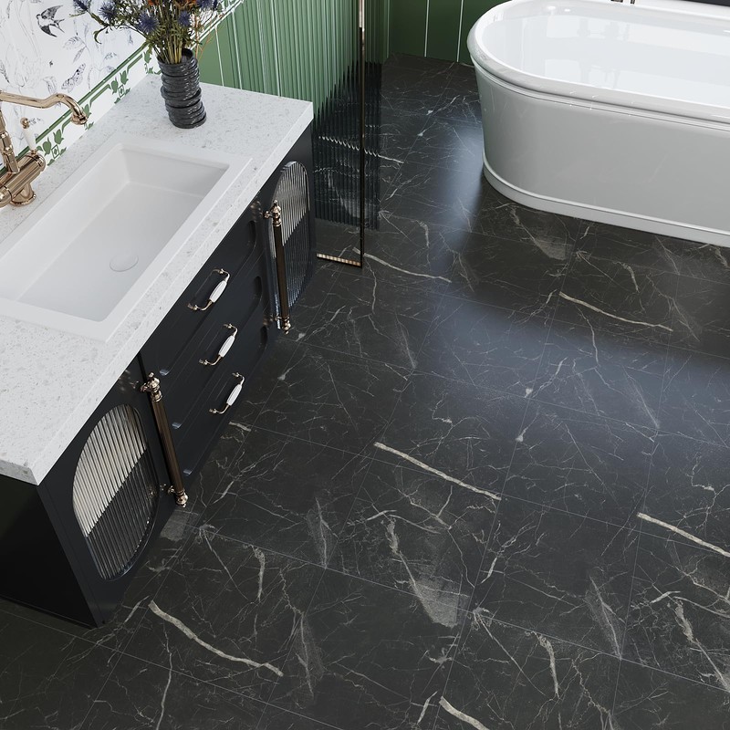 VEELIKE 24 Pack Peel and Stick Floor Tile Black Marble