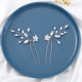 IYOU Bridal Wedding Hair Pins Silver Flower Hair Pin Crystal Hair Clip Rhinestone Bridal Hair Accessories for Women and Girls (Pack of 2) (Silver)