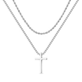 Silver Cross Necklaces for Men - 22 Inch Silver Mens Cross Necklaces Silver Chain Cross Necklace for Men Silver Cross Necklace for Men Stainless Steel Cross Pendant for Men Cross Chains for Men