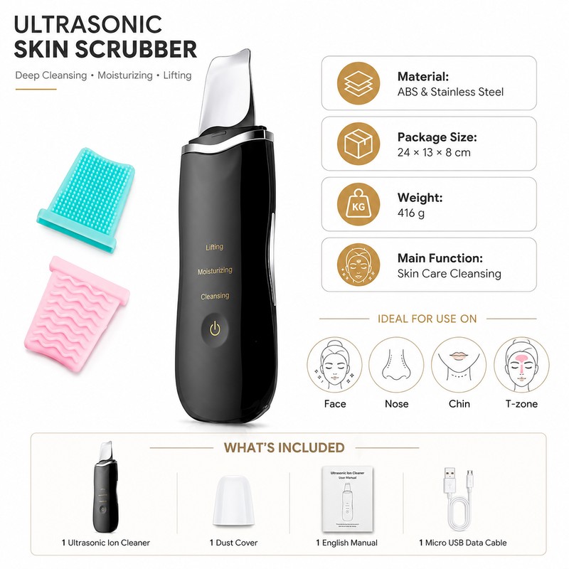 Ultrasonic Skin Scrubber for Face Cleansing – Heated Facial Spatula