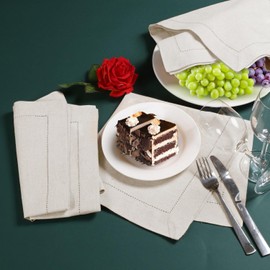 Linen Flax Cotton Cloth Dinner Napkins Set of 12, 18x18 Natural with Hemstitched Mitered Corners, Wedding and Cocktail Napkins, Machine Washable