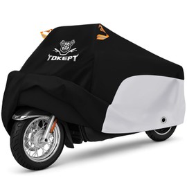 Motorcycle Cover, All-Weather Universal Motorcycle Outdoor Waterproof Cover with Locking Holes & Reflective Strips for 116″ Yamaha Honda Motorbike Accessories(Black&Silver)