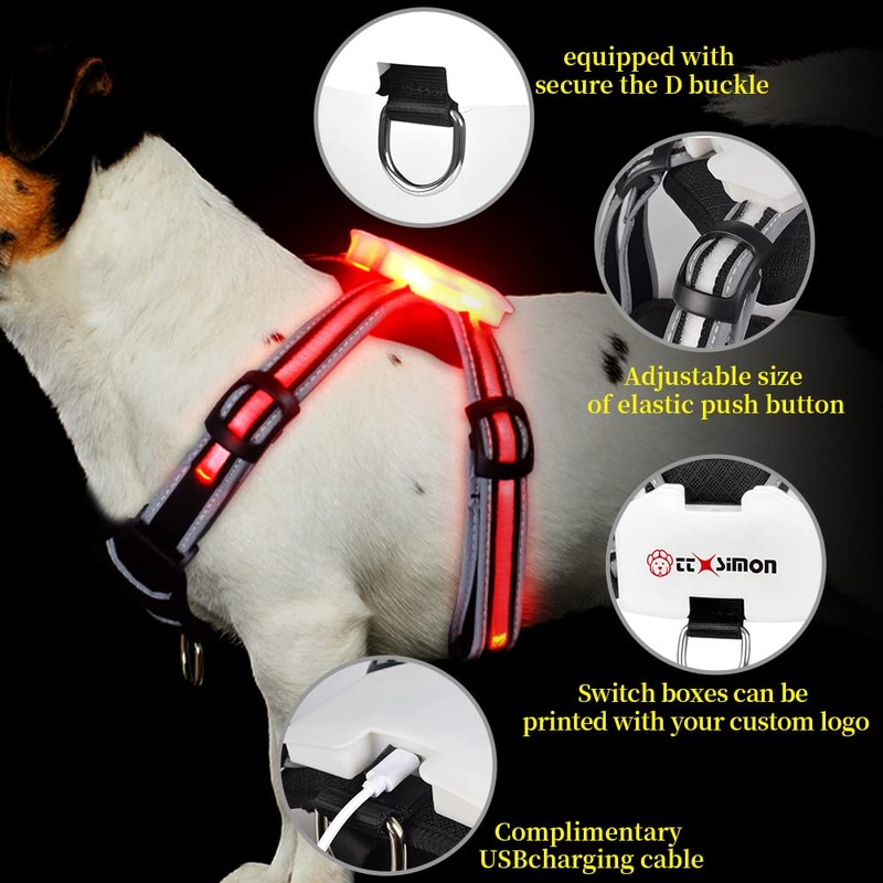 CC SIMON Dog Harness LED Light Up,USB Rechargeable Multicolor Light,