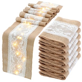 Xinnun 6 Pack Burlap Table Runner with LED String Lights Lace Rustic Natural Vintage Boho Jute Runner for Farmhouse Wedding Thanksgiving Decor(Fashion,12x108 Inches)