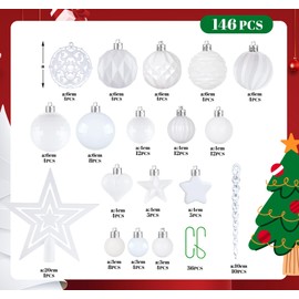 146pcs Christmas Baubles White Christmas Ball Ornaments for Christmas Tree Decorations, Shatterproof Hanging Bauble Set for Xmas Holiday Party Home Decor (Hooks Inc.)