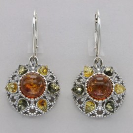 Amber America Multi-Color BALTIC AMBER Round Earrings 925 STERLING SILVER - Leverback #2532e