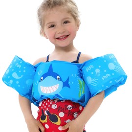 Double Couple Toddler Swim Vest with Sleeves Cartoon Adjustable Strap Swimming Jacket Pool Floaties for Kids 20-50 Pounds Boys and Girls Child