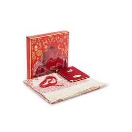 ihvan online Prayer Gift Set for Men & Women, Muslim Taffeta Prayer Rug, Salah Mat, Beads Rosary, Velvet Covered Yaseen Islamic Gift Set for Ramadan & Eid, Red