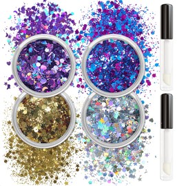 Allstarry Holographic Chunky Body Glitter 4 Colors Mermaid Rave Accessories with Body Glue for Women Makeup Nails DIY Crafts